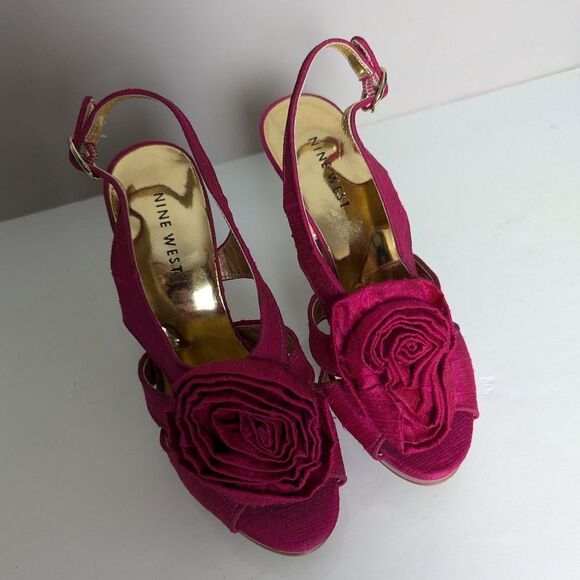 Nine West Fuchsia Silk Slingback Heels – Rosette Front, Size 5, 4” Stiletto - Picture 3 of 12